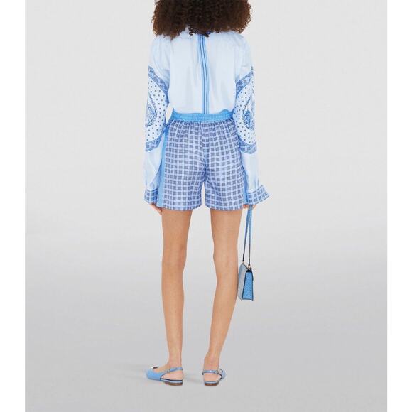 Burberry High Waist Pull On Shorts Size 4 Blue Check Print 100% Silk NWT $820 - Picture 4 of 13